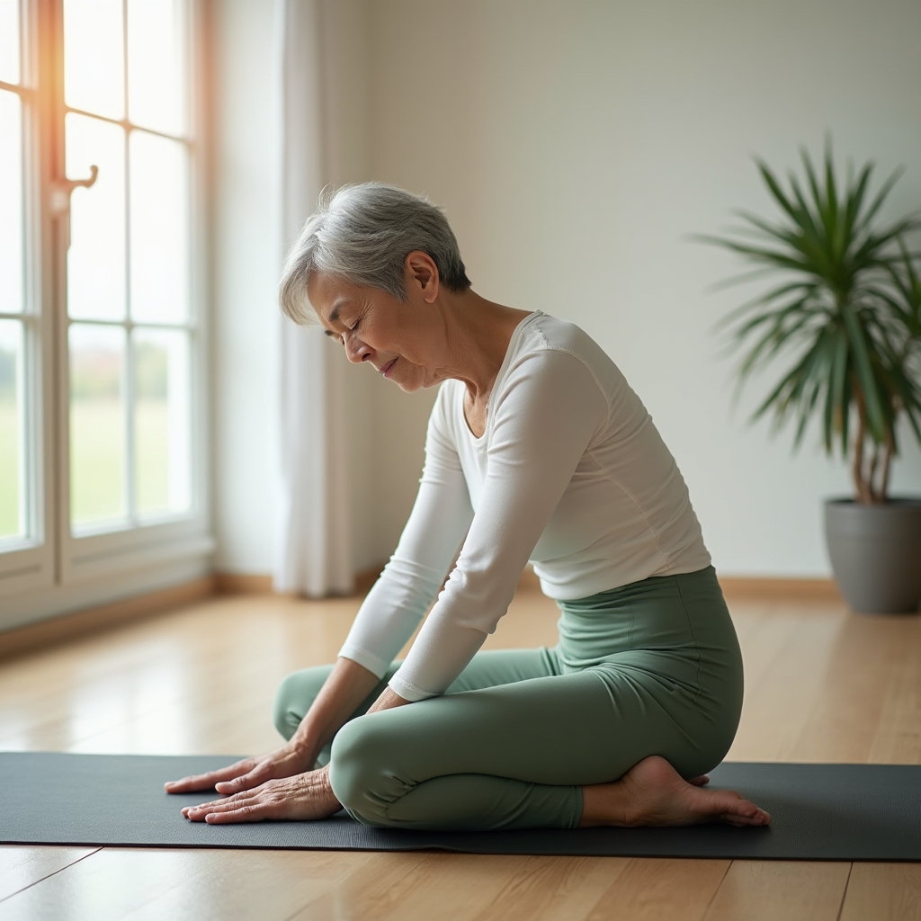 Active senior woman in her 60s practicing yoga on a mat outdoors in soft morning light, demonstrating flexibility and joint mobility