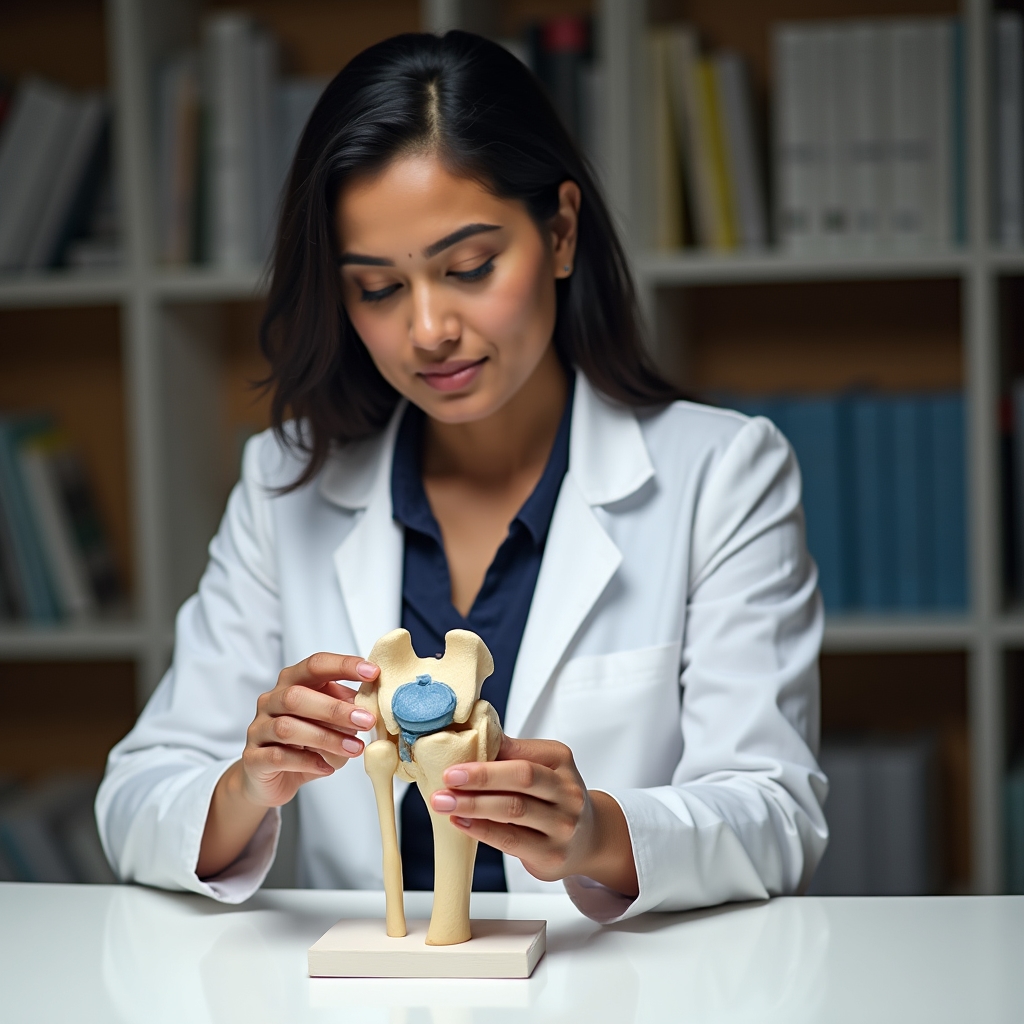 Person studying a detailed anatomical model of a knee joint, examining cartilage and ligament structures