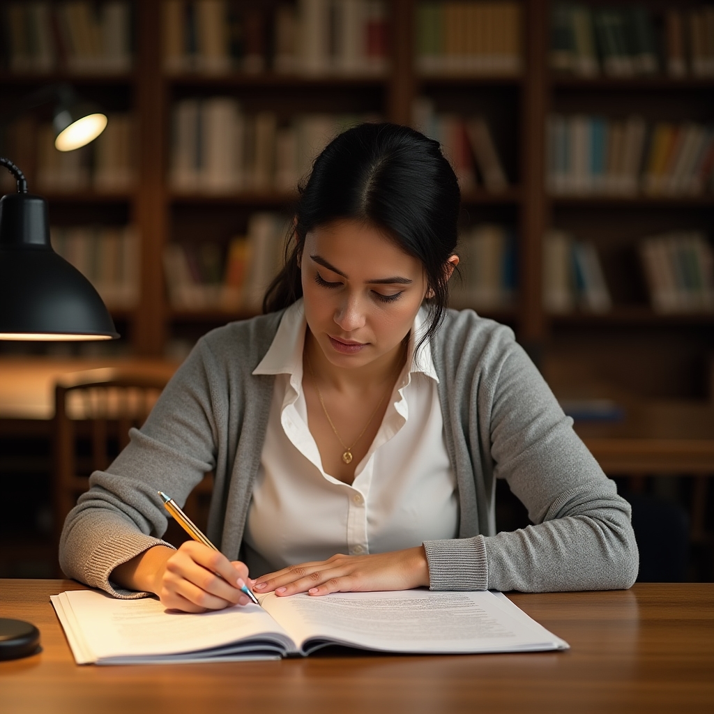 Researcher in a quiet library setting carefully reviewing a nutritional science journal, taking notes with focused concentration