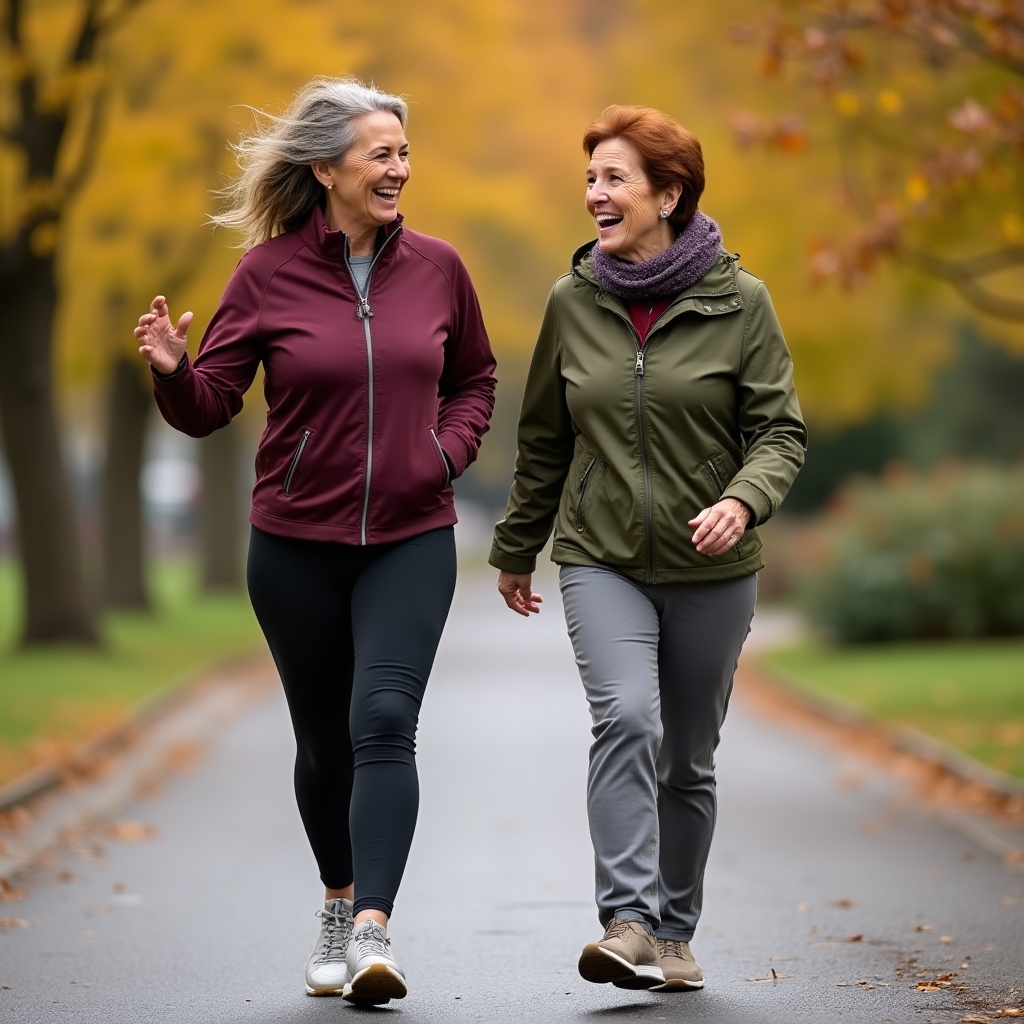 Two women in their 50s walking briskly together on a park path, smiling and engaged in conversation, demonstrating active aging